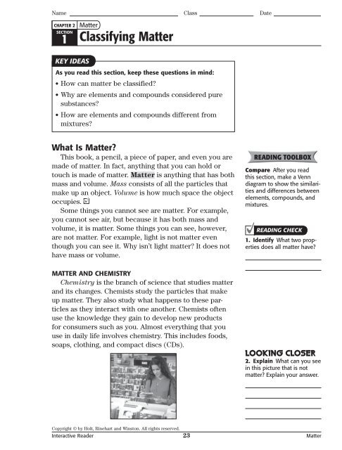 Classification Of Matter Section 1 Composition Of Matter Worksheet 