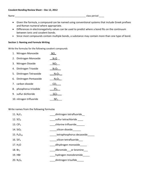 Covalent Bonds Worksheet With Answers