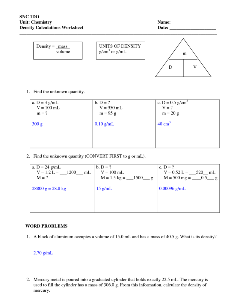 Density Physical Science Worksheet