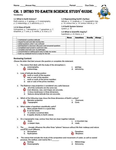 Earth Science Answer Sheet