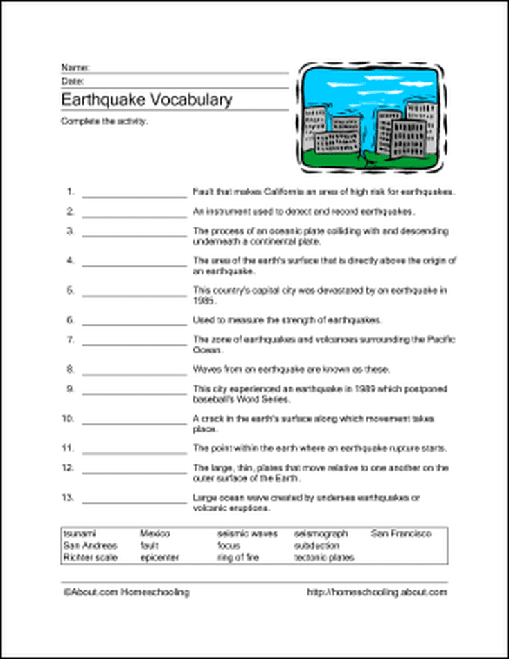 Earthquake Worksheets For Kids