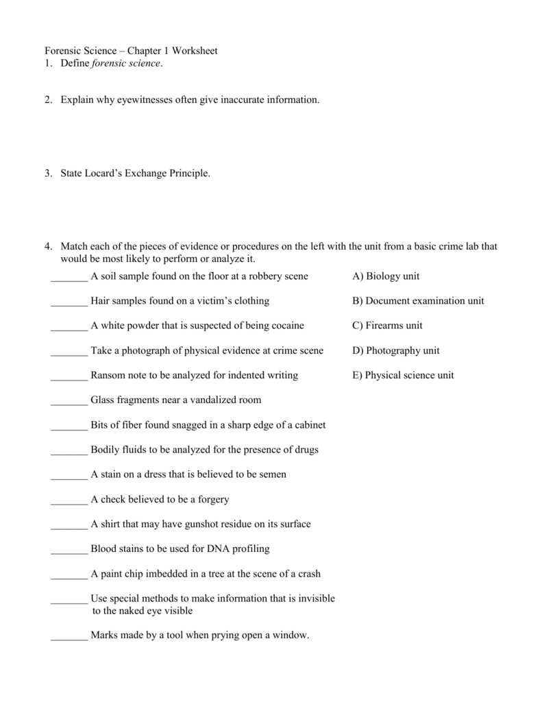 Forensic Science Physical Evidence Worksheet