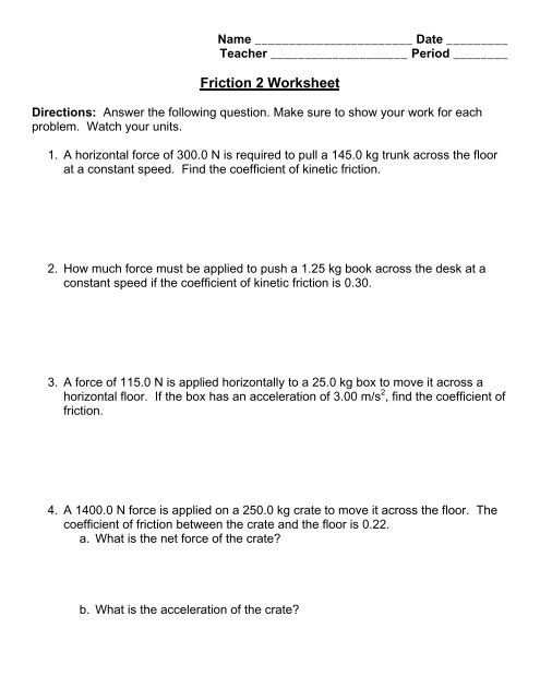 Friction Worksheet Physical Science