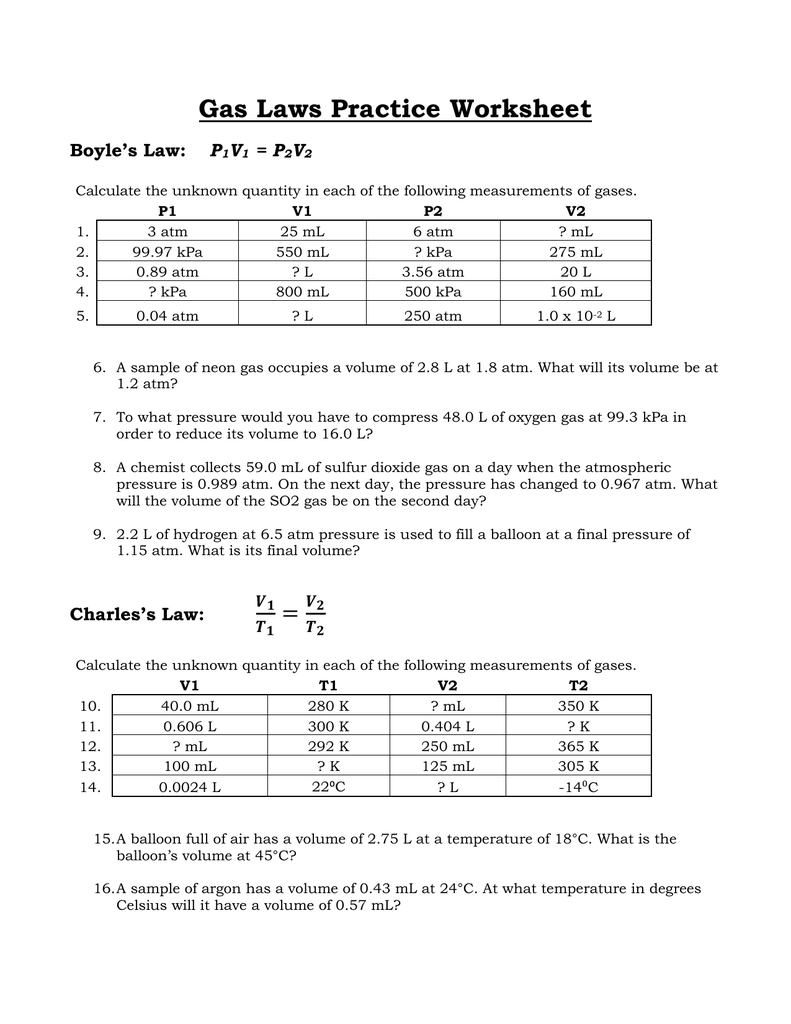 Gas Laws Practice Worksheet Boyle 39 s Law