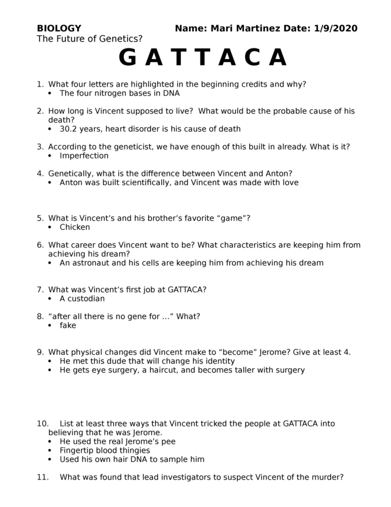 GATTACA Movie Questions By Hemenway Science TPT Worksheets Library