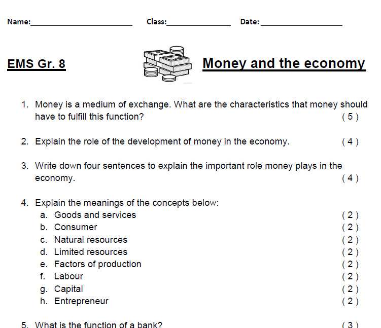 Gr 8 EMS Money And The Economy Worksheet Class Test Teacha 