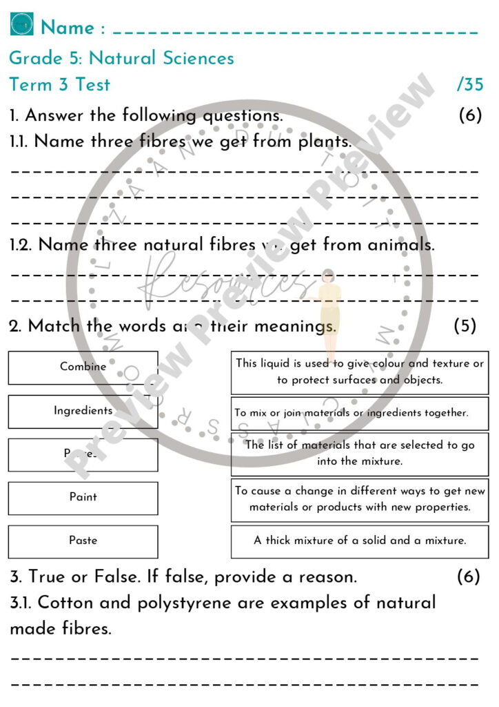 Grade 5 Natural Science Test Term 3 Teacha 