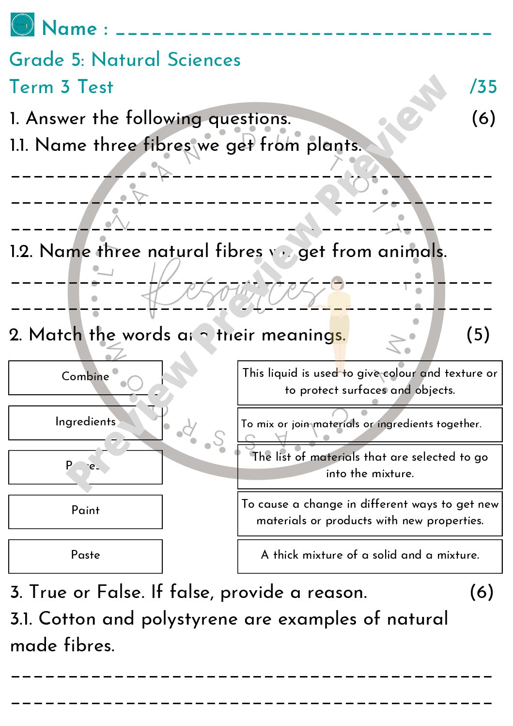 Grade 5 Natural Science Test Term 3 Teacha