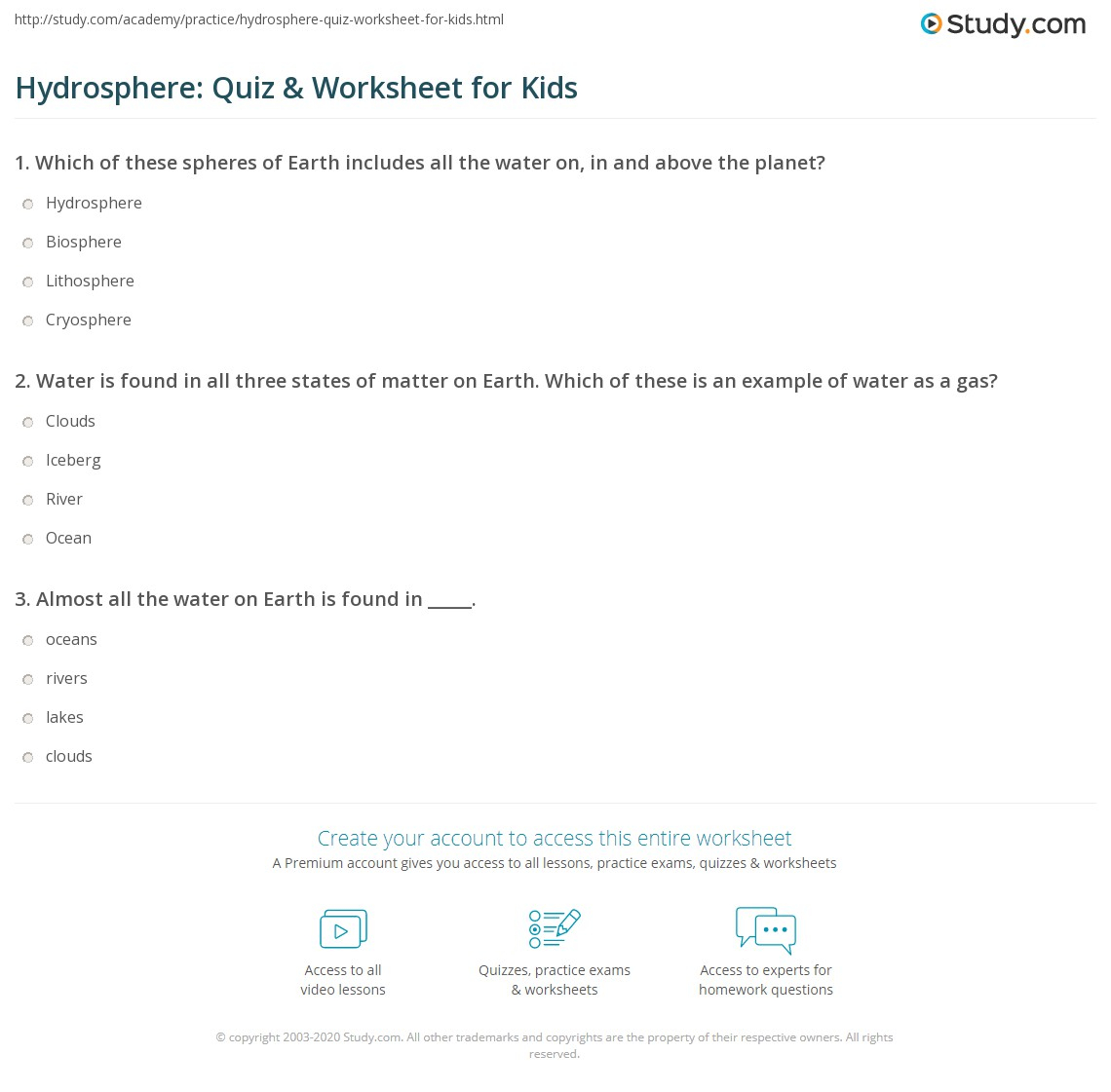 Hydrosphere Quiz Worksheet For Kids Study