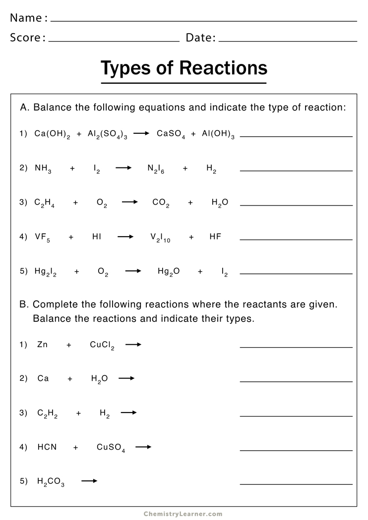 Identifying Types Of Reactions Worksheets