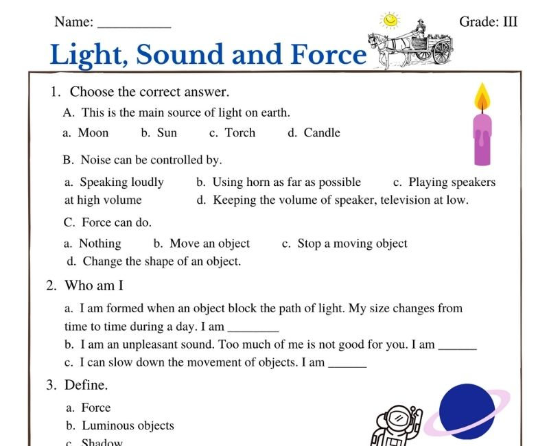 Light Sound And Force Worksheet For Class 3