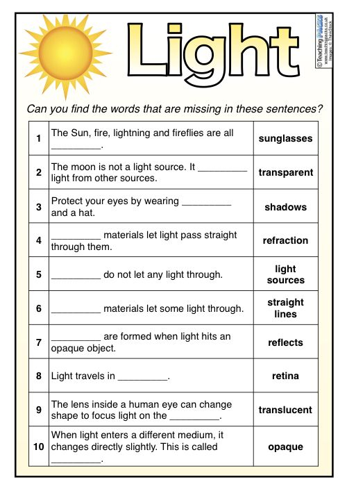 Light Worksheets For Grade 4