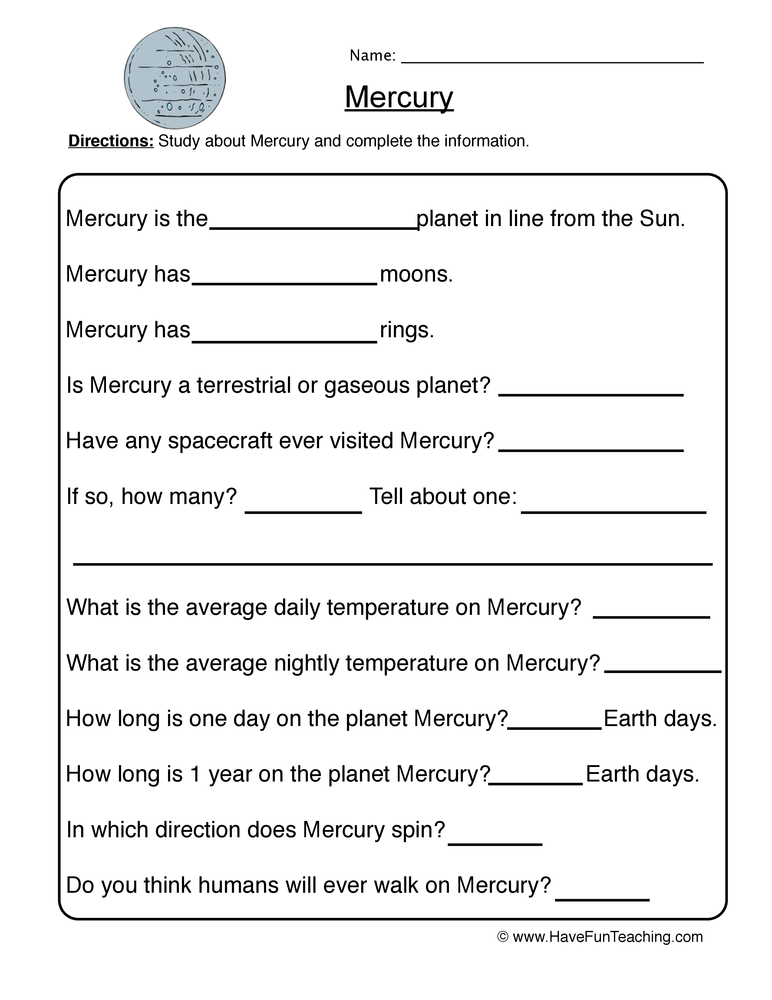 Mercury Planet Worksheet By Teach Simple