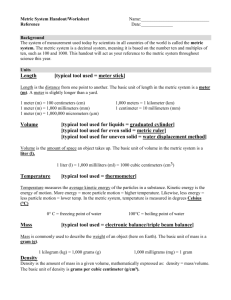 Metric System Handout Worksheet Integrated Science 1 Redwood