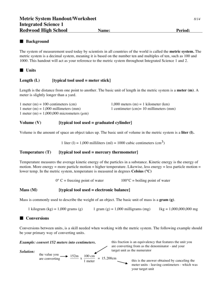 Metric System Handout Worksheet Integrated Science 1 Redwood