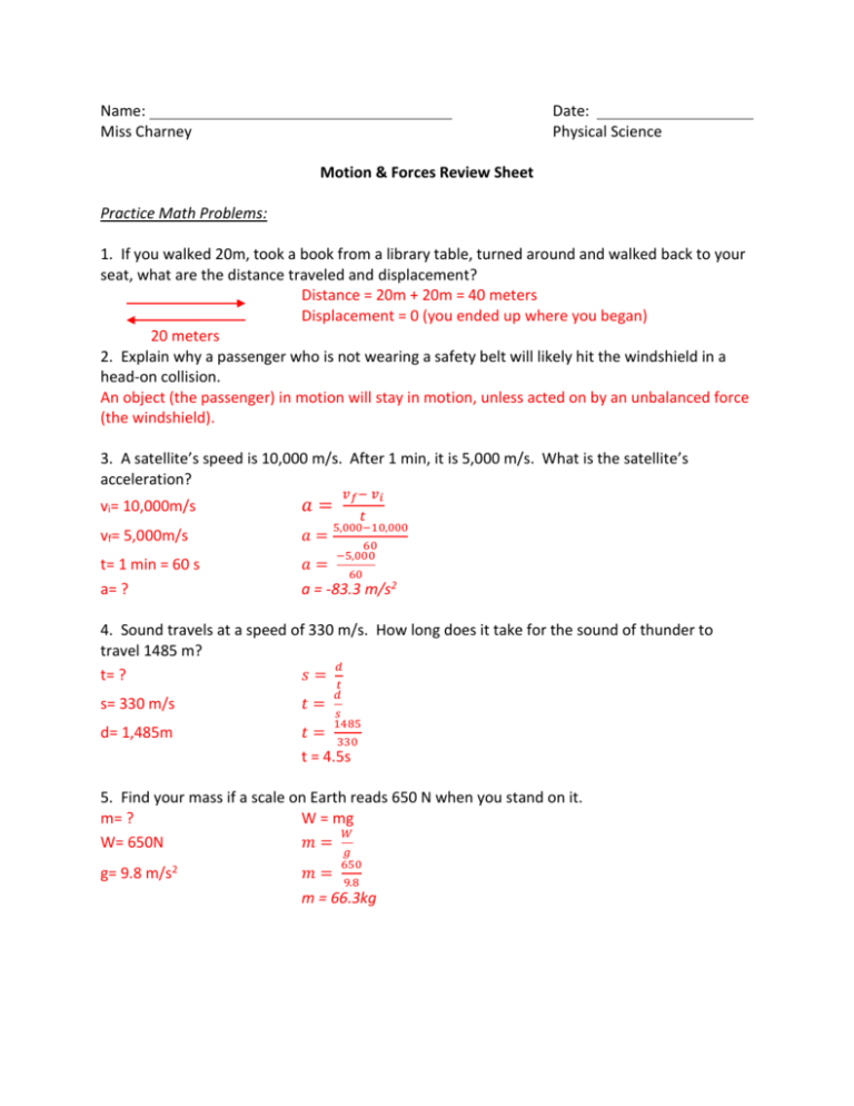 Motion Forces Review Sheet Answer Key Worksheets Library