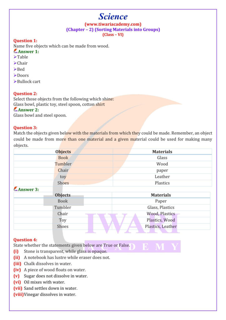 NCERT Solutions Class 6 Science Chapter 2 Sorting Materials And Groups