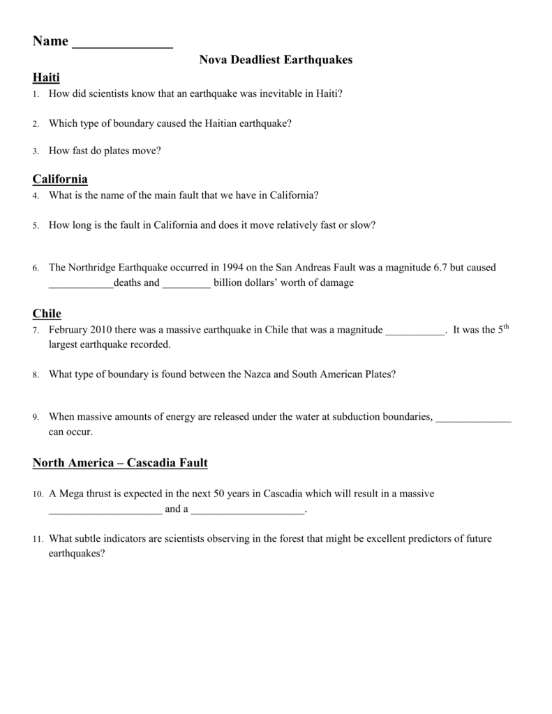 Nova Deadliest Earthquakes Worksheet Escolagersonalvesgui