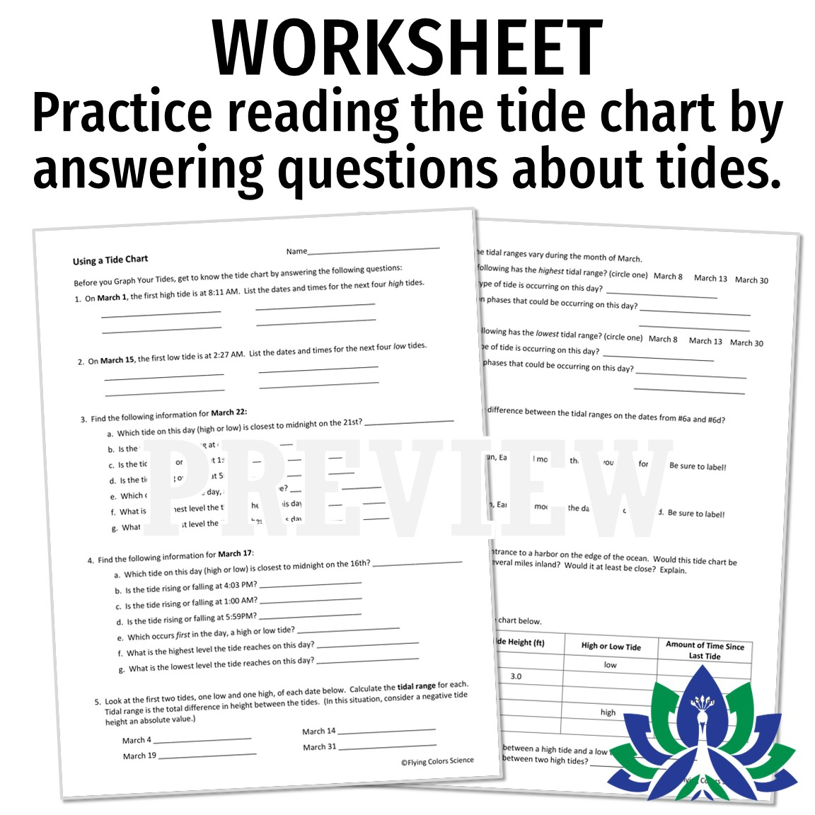 Ocean Tides Worksheet Using A Tide Chart Activity Flying Colors Science