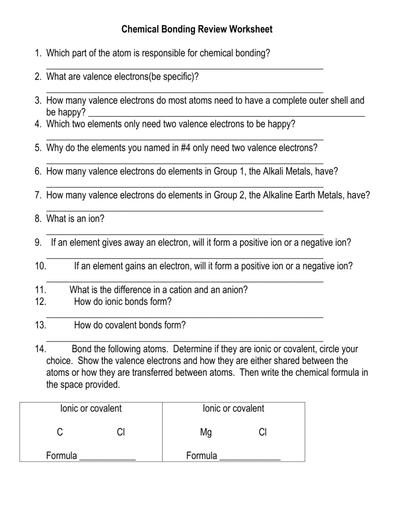 Physical Science Bonding Worksheet