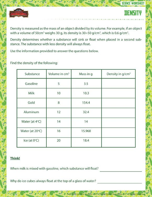 Physical Science Density Worksheet