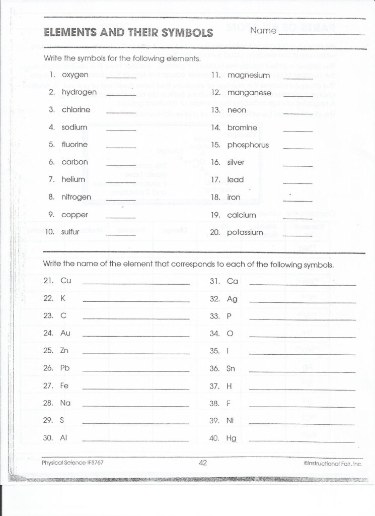 Physical Science Element Worksheet