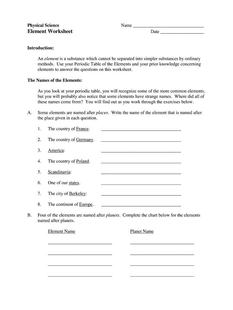 Physical Science Element Worksheet Answers Scienceworksheets