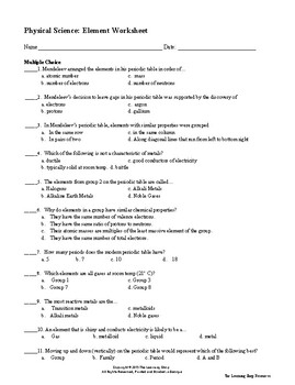 Physical Science Element Worksheet By The Learning Shop Resources