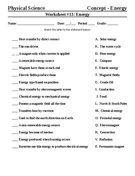 Physical Science Energy Concept Matching Worksheet 13 TPT