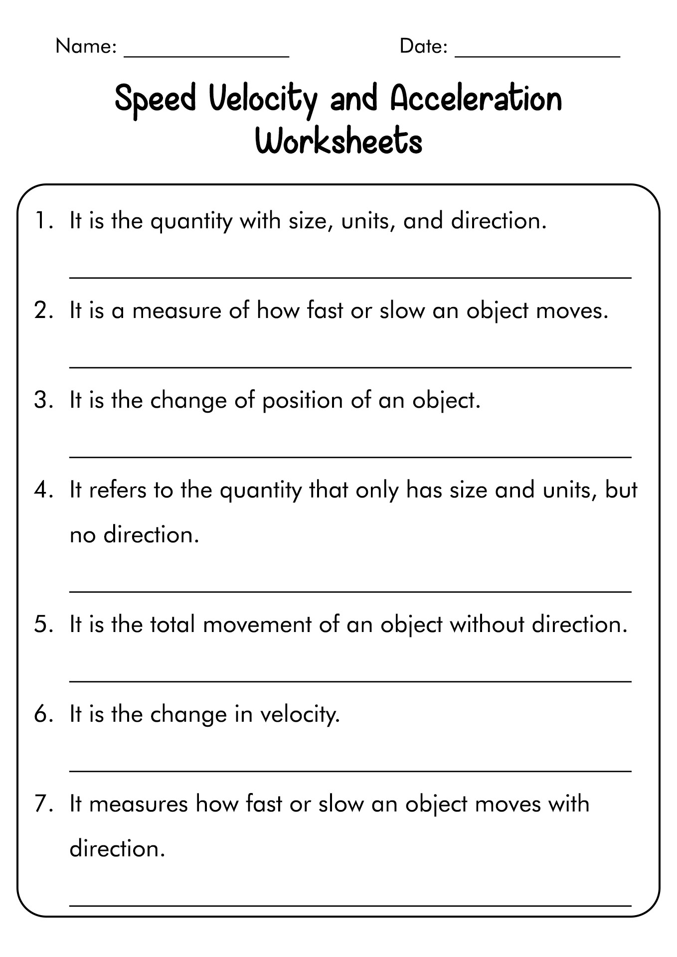 Physical Science Velocity And Acceleration Worksheet