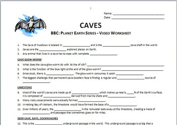 Planet Earth CAVES Video Questions Worksheet Editable By Tangstar