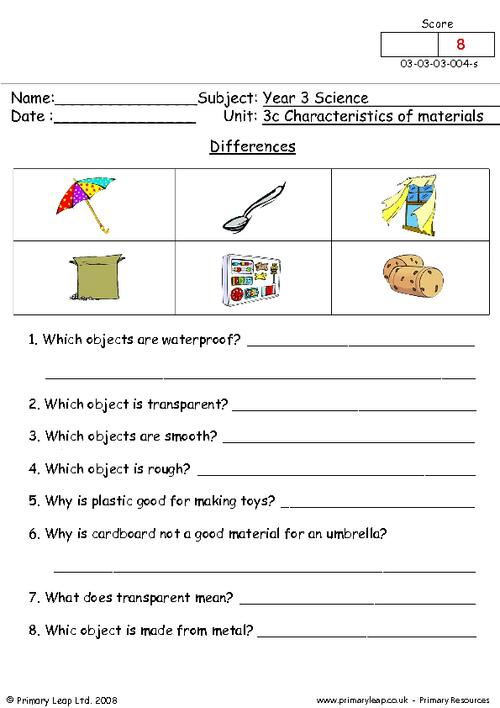 Properties Of Materials Worksheet For Grade 3