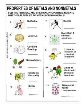 Properties Of Metals And Nonmetals Worksheet TpT