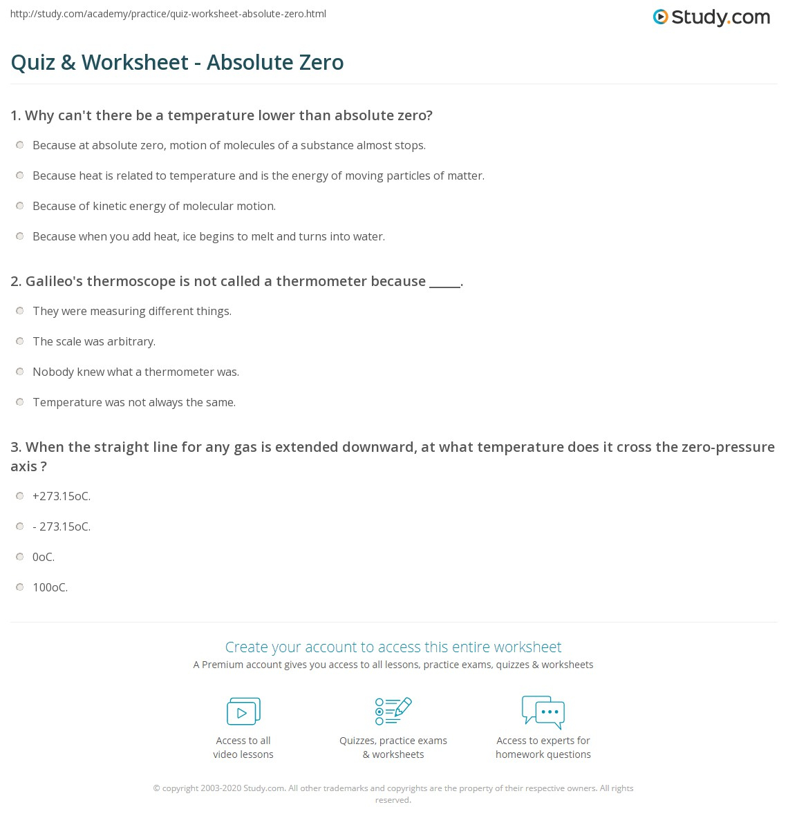 Quiz Worksheet Absolute Zero Study