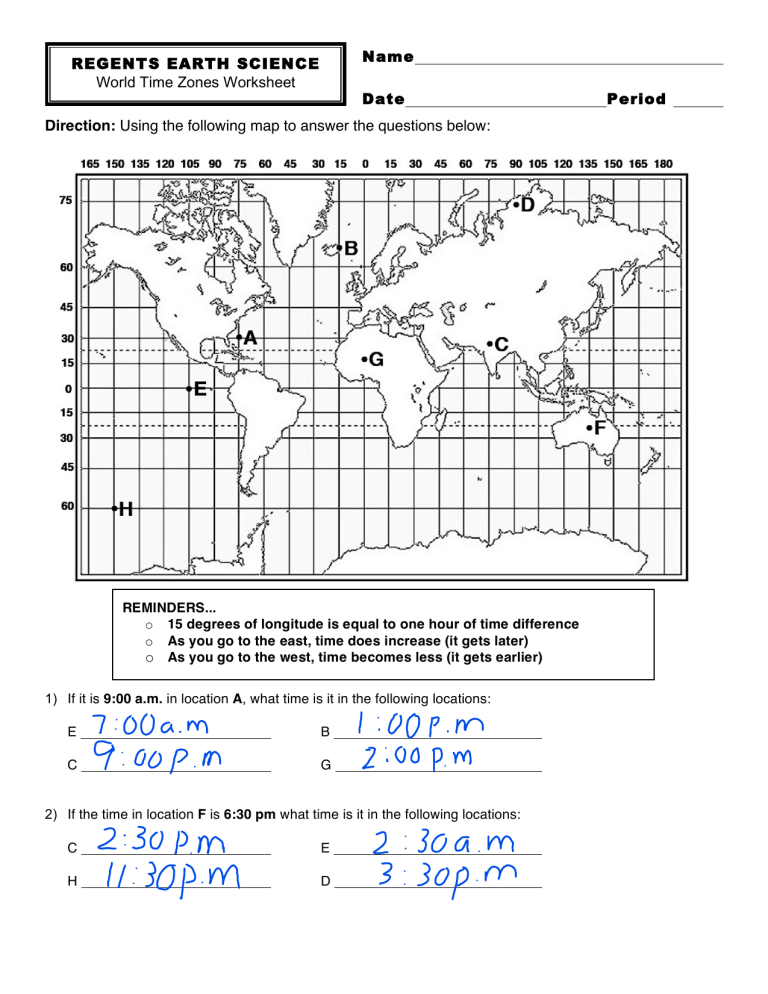 Regents Earth Science World Time Zones Worksheet