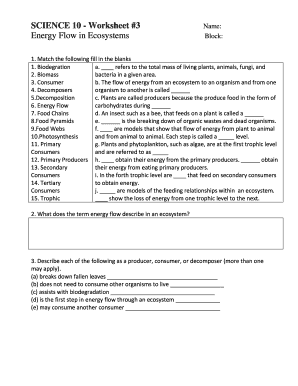 Science 10 Worksheet 3 Energy Flow In Ecosystems Answer Key Fill And 