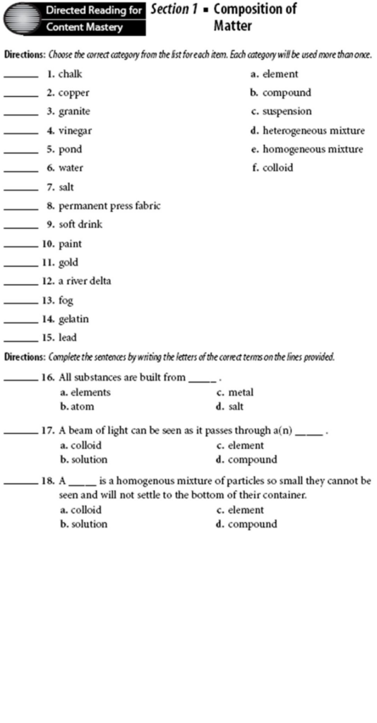 Section 1 Composition Of Matter Worksheet Answers