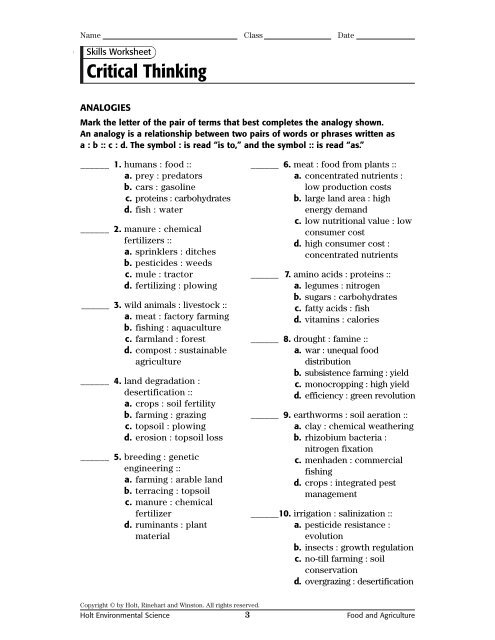 Skills Worksheet Critical Thinking Holt Environmental Science