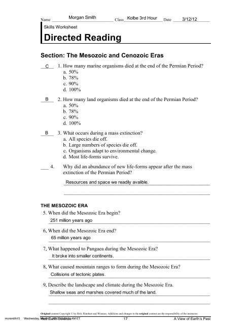 Skills Worksheet Directed Reading A Answers Key Earth Science 