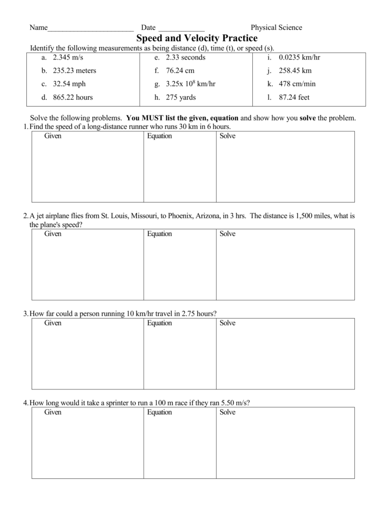 Speed And Velocity Worksheet Onlineworksheet my id