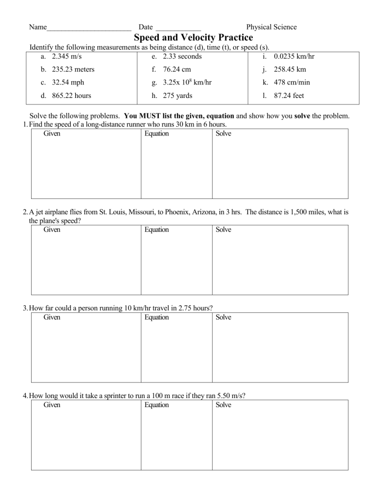 Speed Velocity And Acceleration Calculation Worksheet