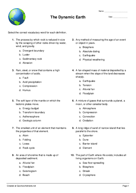 The Dynamic Earth Multiple Choice Worksheet Quickworksheets