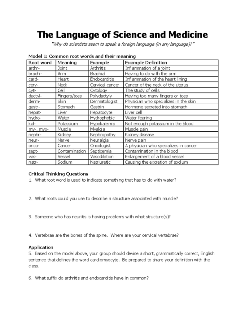 The Language Of Science Worksheet