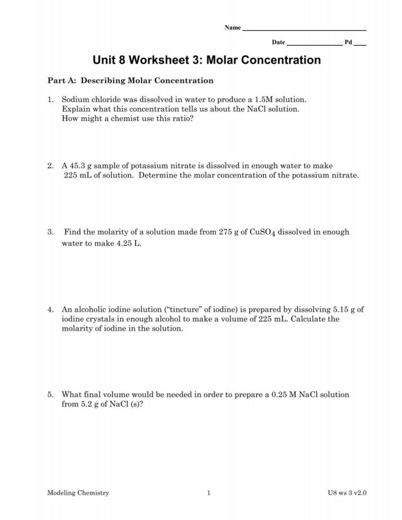 Unit 8 Worksheet 3 Molar Concentration