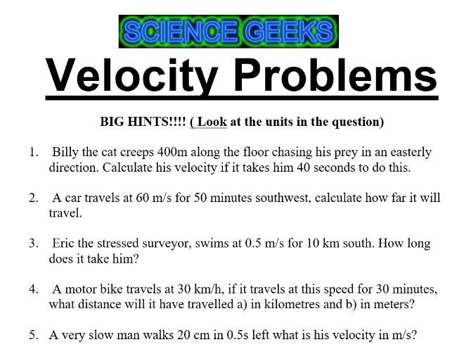 Velocity Worksheet Physical Science