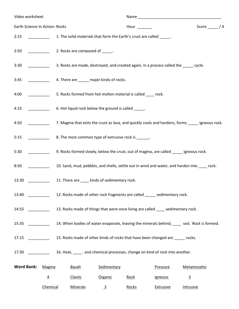 Video Worksheet Name Earth Science In Action Rocks Hour