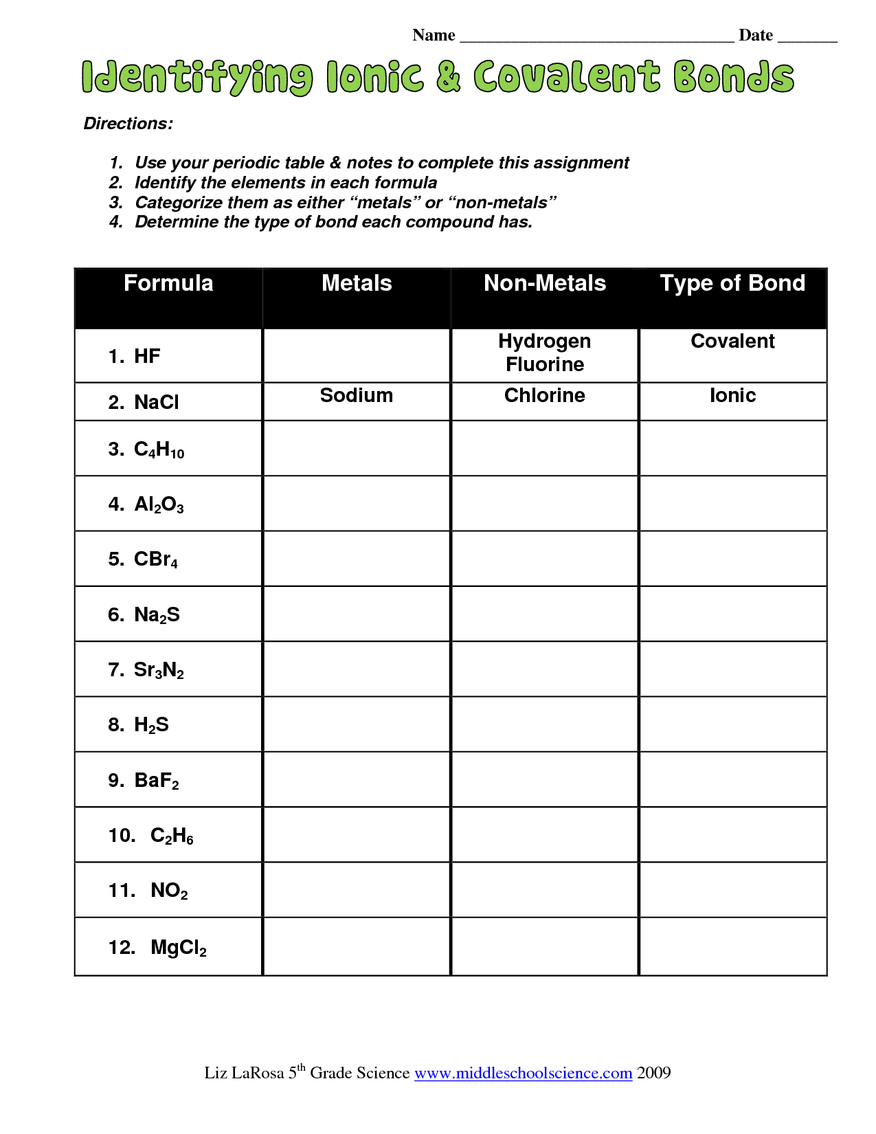 Worksheet Chemical Bonding Ionic And Covalent