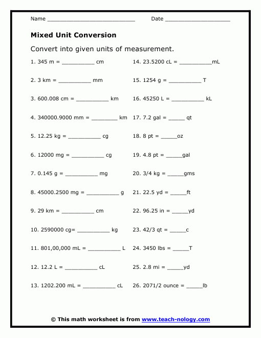 Worksheet Converting Units Of Measurement